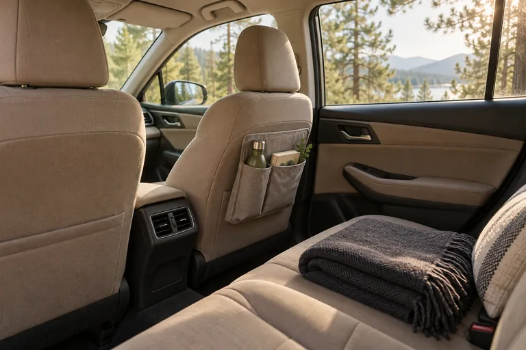 A tidy car interior with a travel blanket and canvas organizer.
